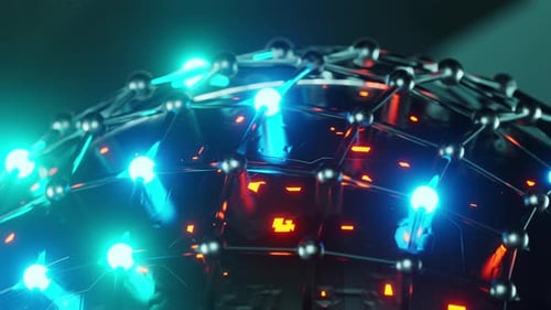 Eine Kugel mit einem Metallgitter strahlt blaues und orangefarbenes Licht aus. Animation in einer Schleife