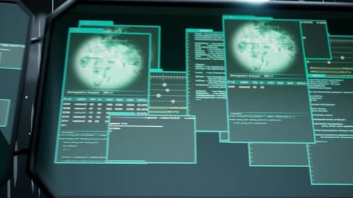 Futuristic AI Brain Hologram with Digital Data Interface Screens