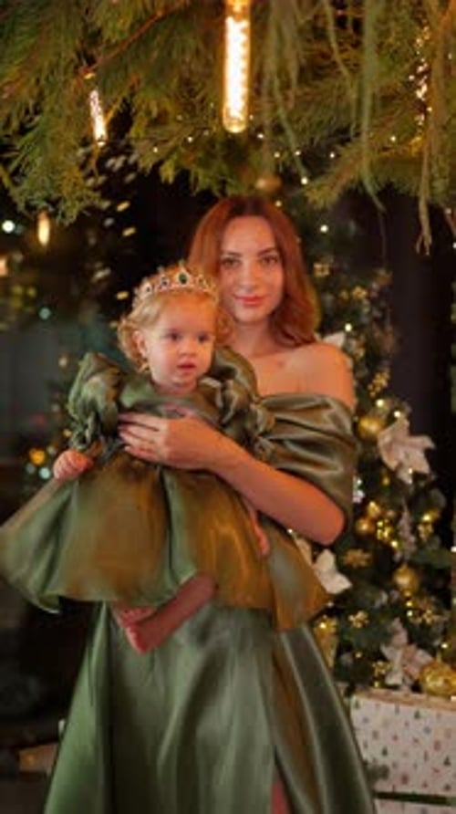 Smiling Mother Holding Little Daughter in Elegant Green Dress Near Christmas Tree Family Holiday