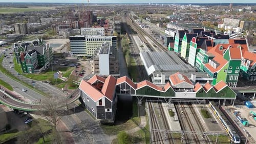 Drone shot of Zaandam railway station, Netherlands