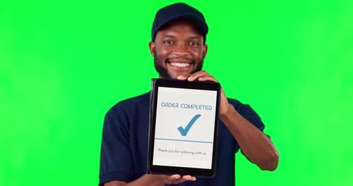 Tablet, supply chain and complete with a black man on a green screen background in studio