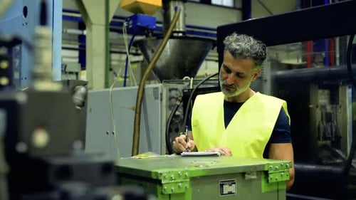 An Industrial Man Worker Standing In A Factory, Writing.
