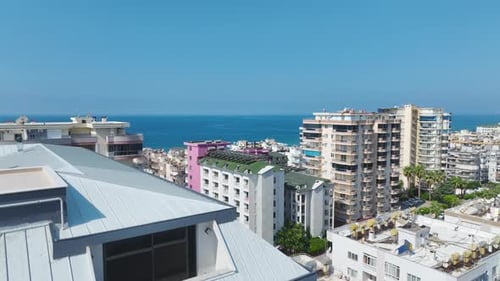 Aerial View Gorgeous Complex With a Pool and Water Slides for Kids By the Sea