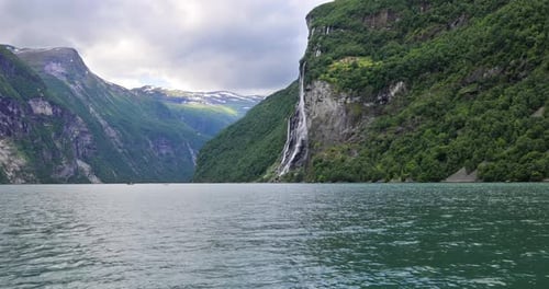 Geiranger fjord, waterfall Seven Sisters. Beautiful Nature Norway natural landscape.