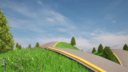 3D Empty Curve Roads Green Field Landscape Cloudy Sky