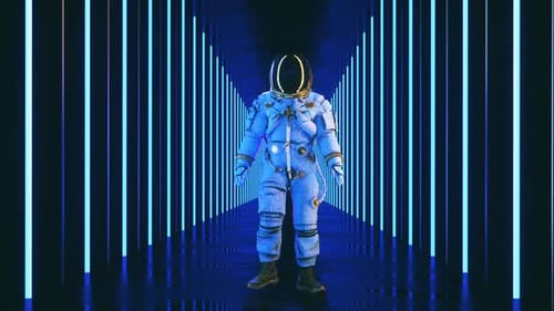 An Astronaut In A Lighted Neon Lines Tunnel