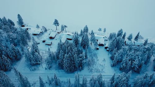 Rural Village Covered With Fresh Snow During Winter. Aerial Drone Shot