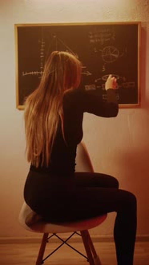 Woman Writing Business Strategy on Chalkboard in Home Office