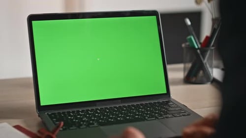 Freelancer Browsing Mockup Laptop at Home Workplace Closeup Unknown Businessman