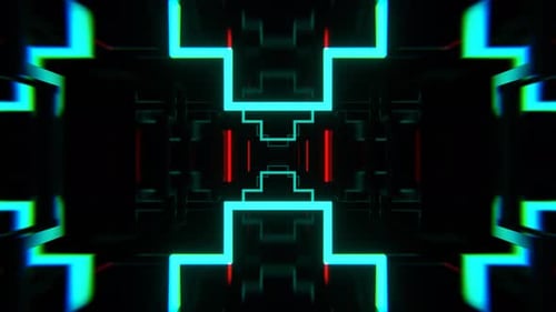 Türkisfarbener und roter Neontunnel mit blinkenden geometrischen Formen im Hintergrund Vj Loop I 4K