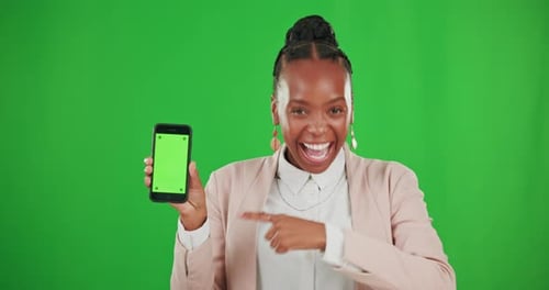Green screen, celebration and black woman with phone excited for advertising