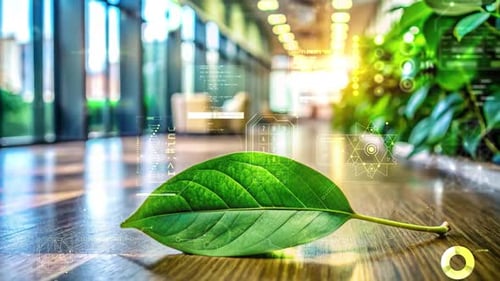 Green Leaf Symbolizing Sustainable Business Practices in Modern Office