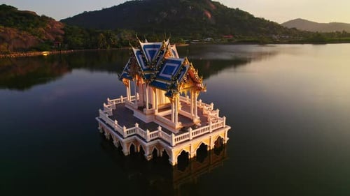 Aerial Shot Of Khao Tao Lake Temple During Sunset