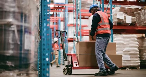 Logistics, tablet or man in warehouse with trolley, stock count or loading checklist in shipping