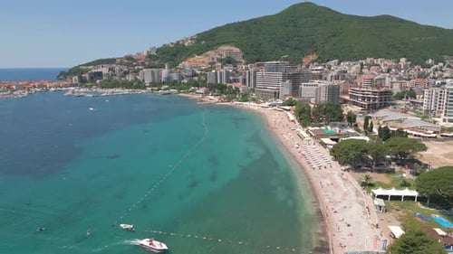 Beach on the Adriatic Sea. Sun. Clear blue water. Aerial view.