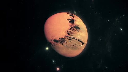 Rotating Red Planet in Starry Space Background