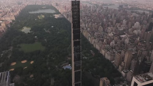 Aerial video of the skyscrapers in the city, Central Park in New York. USA