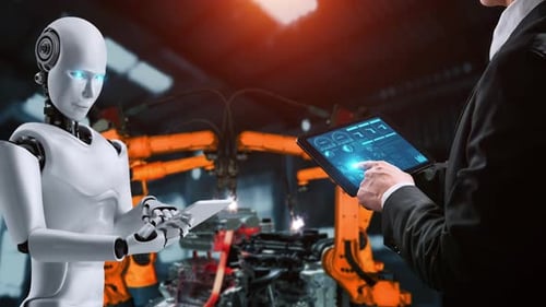 Cybernated Industry Robot and Human Worker Working Together in Future Factory