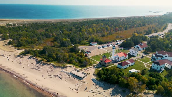 Aerial view of Whitefish Point Lighthouse and Great Lakes Shipwreck ...