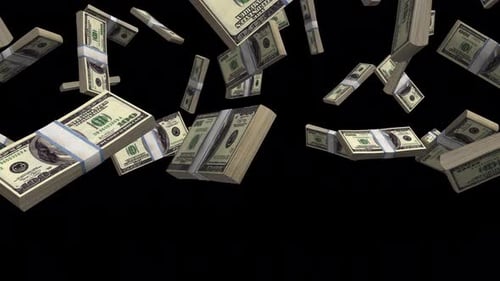 Geld fallen lassen. Geldregenanimation auf transparentem Hintergrund. Fallendes rotierendes Geld.
