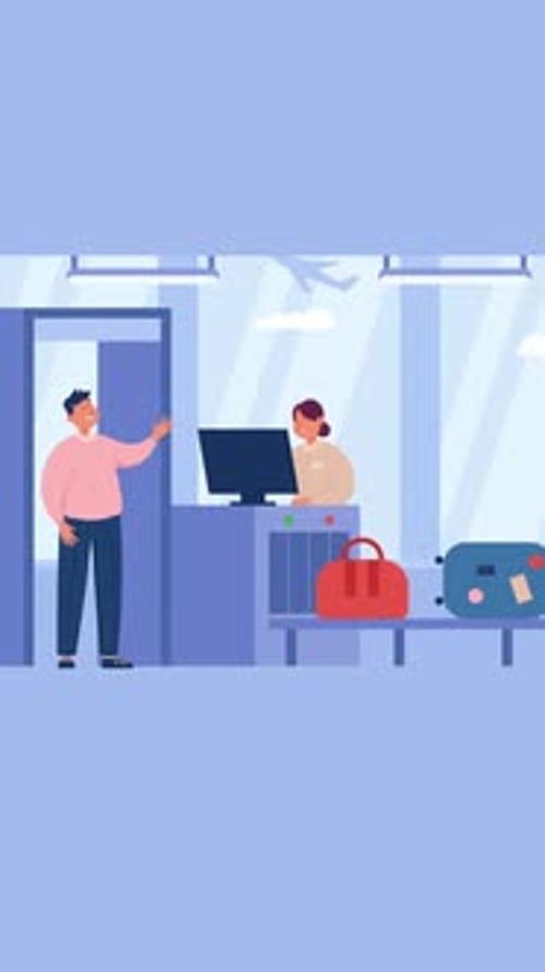 Flat Design Airport Travel Animation with Waving Character