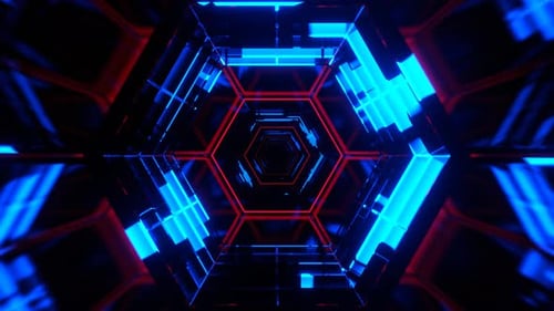 Blue And Red Fantastic Neon Rotation In The Hexagonal Tunnel Background Vj Loop In 4K