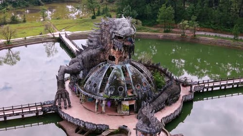 Aerial View of Iconic Dragon Structure at Abandoned Water Park in Hue Vietnam