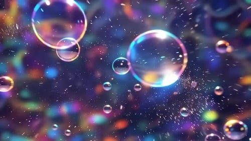Abstract 3D animation of colorful iridescent bubbles floatin