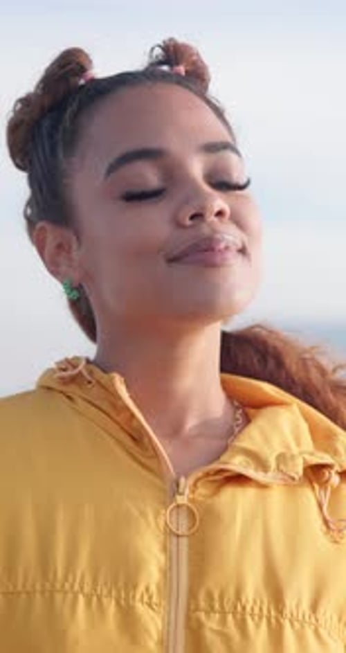 Girl, beach and vacation to breathe, air and happiness for travel, holiday and nature of water