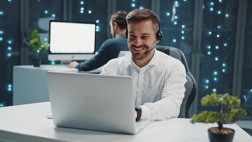 Polite Caucasian Office Manager Servicing Online Customer Speaking Headset Microphone While