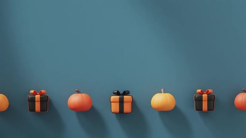 Las calabazas y las cajas de regalo en colores de Halloween se enrollan empujándose unas a otras.