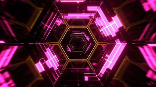 Pink And Yellow Fantastic Neon Rotation In The Hexagonal Tunnel Background Vj Loop In 4K