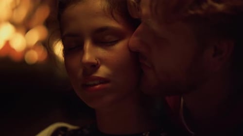 Closeup Lovers Touch Face on Romantic Evening Holiday. Relaxed Couple Enjoy Love