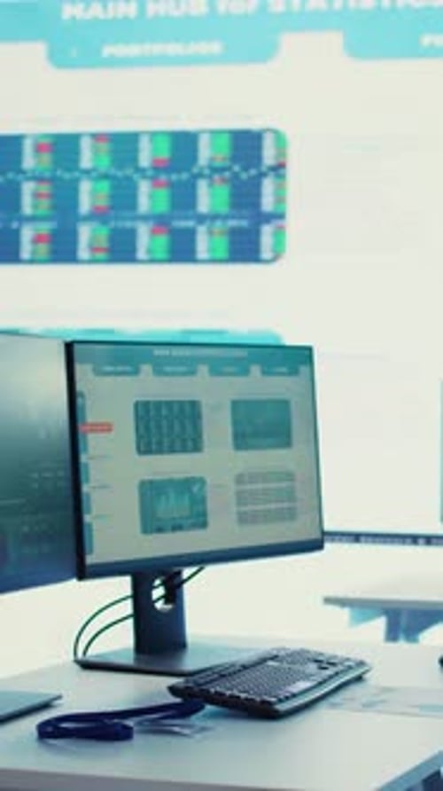 Vertical Video Multinational Company Headquarters Office with a Big Data Screen
