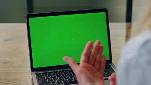 Businesswoman Hands Gesturing Mockup Laptop in Office. Unknown Lady Talking at Chroma
