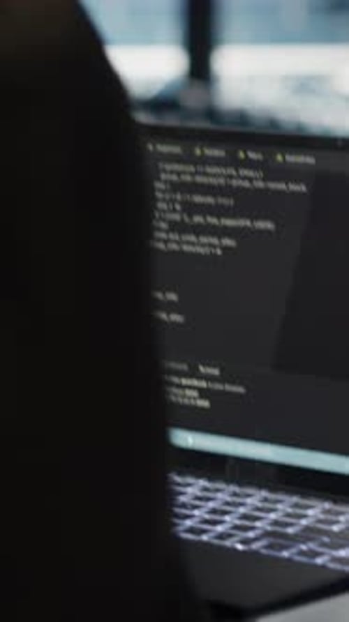 Vertical Video Data Center Computer Scientist Doing AI Data Analysis on Laptop