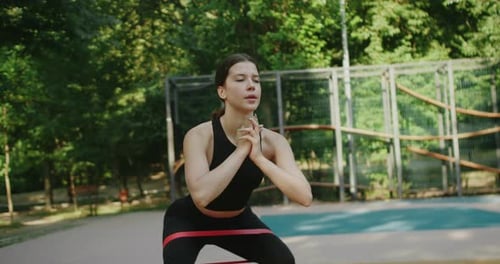 Woman Squats with Resistance Band on Outdoor Court