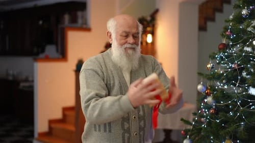 Senior Man Holding Christmas Gift Near Tree
