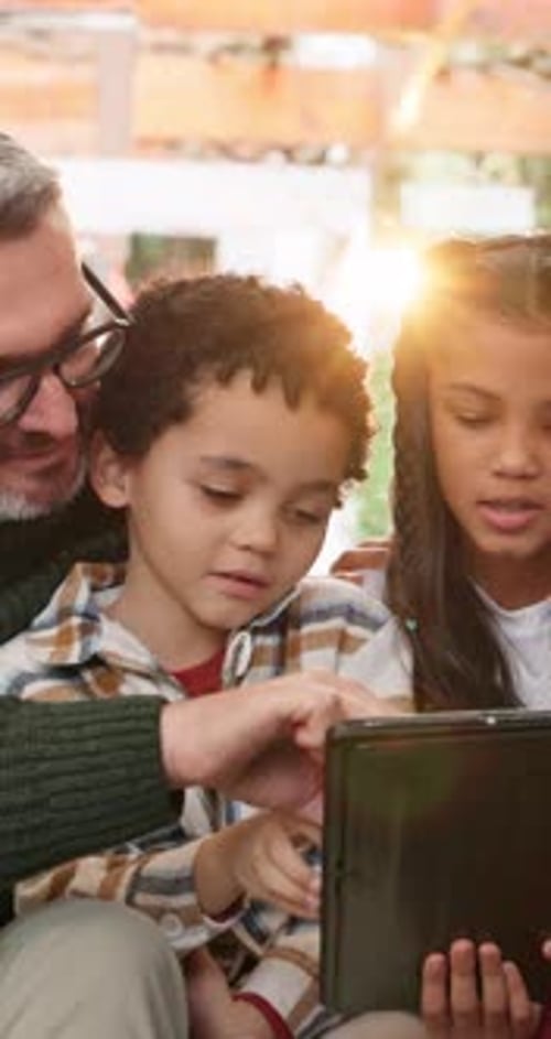 Home, kids and parents with tablet, help and bonding together with lens flare, online game and app
