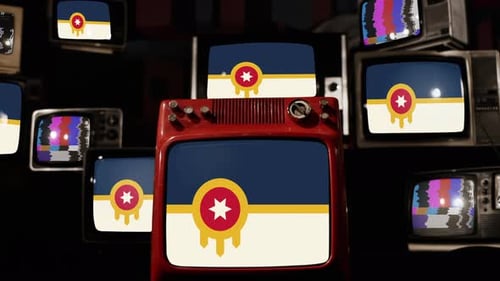 Flag of Tulsa, Oklahoma, on Retro TVs. 4K.
