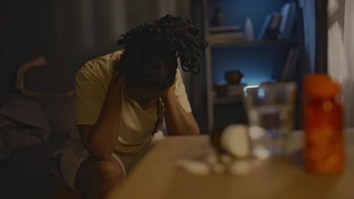 Worried Woman Sits on Bed at Night