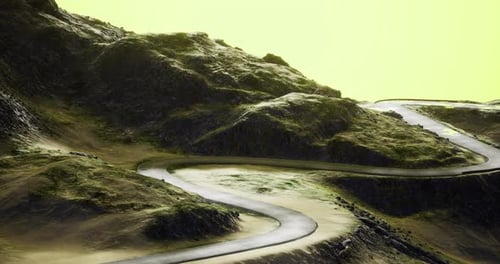 Winding Mountain Road Through Lush Hills Under a Bright Sky