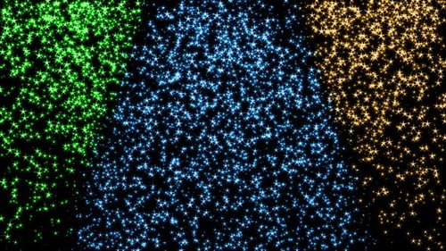 Glowing colorful stars with light rays on black background falling down seamless loop 3d render