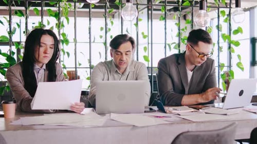 A Diverse Group of Professionals Collaborates in a Modern Office with Laptops Documents and Ideas