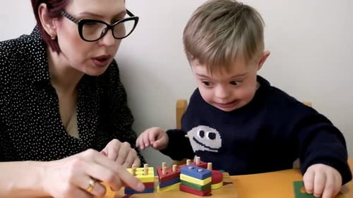 Woman Teaching Child with Wooden Toy at Table