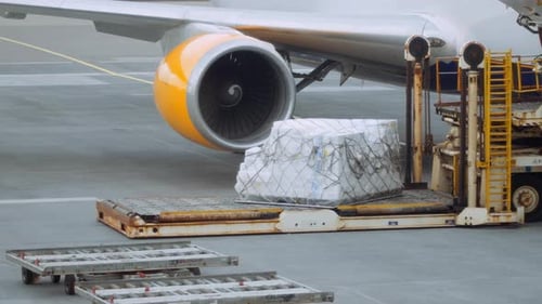 Cargo On Conveyor Belt Outside Airplane On Runway