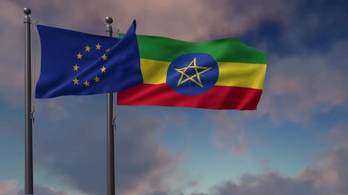 European Union and Ethiopia Flags Waving Together in Sky