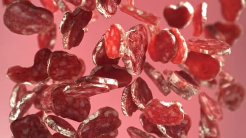 Pepperoni Slices Falling in Slow Motion
