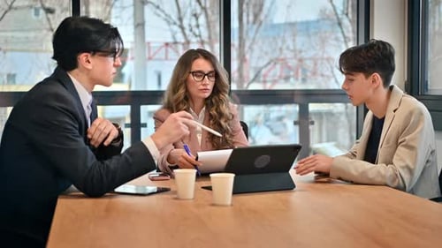 Business meeting in an office, female team leader and two young men discussing business affairs usin