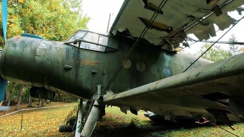 Old Destroed Soviet Russian Propeller Plane. The Remains of a Powerful Aeroflot of the USSR. An Old